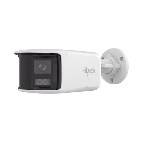 HiLook 8MP Dual Lens WDR Smart Hybrid PoE Camera mounted for wide-angle surveillance.